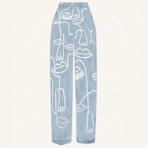 Maison Les Enervés Abstract Face Print Pants | Blue Straight Leg Size S, Worn 1x